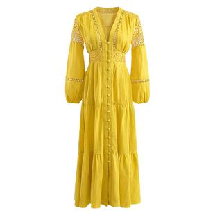玫瑰刘亦菲黄亦玫同款黄色法式v领泡泡袖连衣裙女度假风收腰长裙