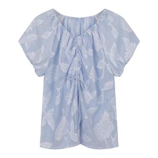 solighter法式复古条纹剪花v领衬衫女夏季2025新款泡泡袖系带上衣