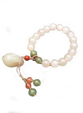 和田玉藕粉白玉兔手串带国检证书