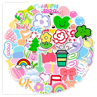 50张多巴胺ins风小清新卡通花朵爱心卡通贴纸装饰笔记本头盔相框画手账行李箱水杯电动车手机后背DIY防水贴纸