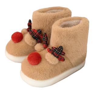 细细条2025冬季新款圣诞礼物麋鹿中筒棉靴女居家外穿毛绒雪地靴