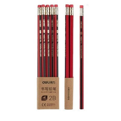 得力黑红抽条铅笔学生带橡皮擦头2B铅笔考试铅笔小学生专用一二年级原木铅笔学习专用