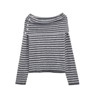 荒荒家 扣子一字领毛衣2025秋季新款小众气质露肩设计针织上衣女