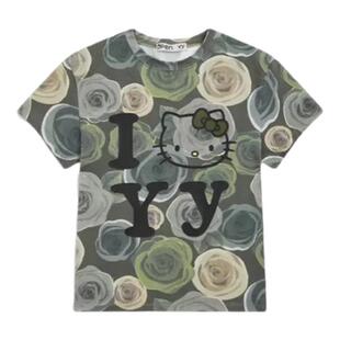 【现货】韩国小众open yy kt联名款满印玫瑰花凯蒂猫短款T恤短袖
