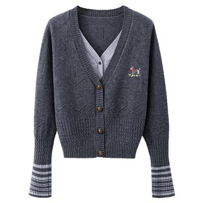 夕蒙2025新款秋冬韩系设计感上衣小个子慵懒高级感深灰假两件毛衣