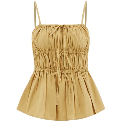 sly甜美度假风设计感褶皱吊带衫