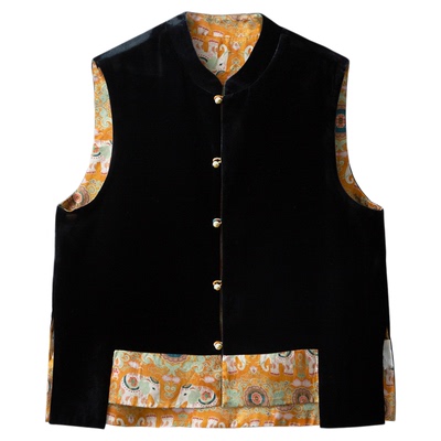 一丝牵 双面穿香云纱丝绒国风设计感真丝马甲女桑蚕丝马甲上衣春