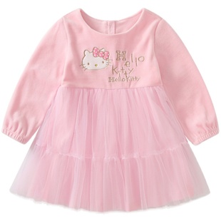 HelloKitty童装秋季新品网纱公主连衣裙女童天鹅绒长袖公主裙
