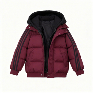 儿童假两件保暖羽绒棉服冬装新款儿童针织拼接加厚面包服连帽外套