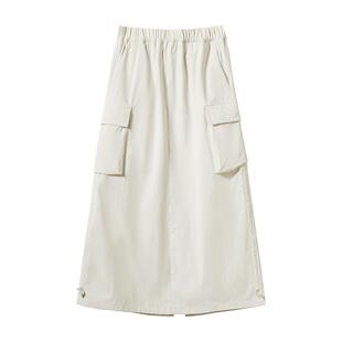 黄山工装半身长裙女2026新款春夏弹力高腰显瘦速干裙子抽绳A字裙