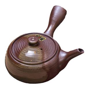 日本进口 万古烧侧把泡茶壶 不锈钢茶滤 日式横手粗陶色釉茶器
