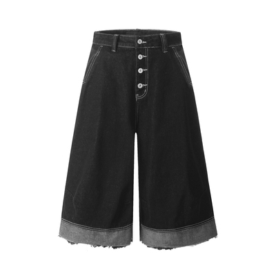 复古破坏排扣原牛色七分牛仔裤