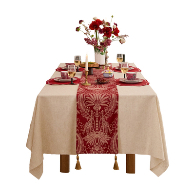 红色喜庆新年轻奢桌旗法式复古