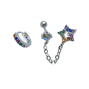 二十二丁目 双耳洞彩虹星星流苏链条耳钉甜酷超闪彩钻耳圈耳环