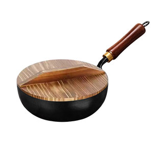 炒锅铁锅无涂层不生锈木盖平底锅锤纹不粘锅燃气煤气电磁炉通用锅