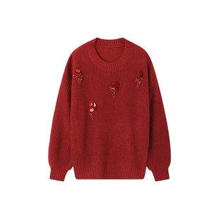 XWI欣未新年战袍红色圣诞节针织毛衫女冬季浪漫珠片金丝混纱上衣