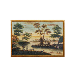 茱莉安法式中国风复古奢华金边河边风景木版画客厅走廊单幅挂画