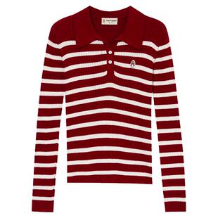 【新年马上旺】暇步士女装通勤红色条纹POLO领针织衫秋季修身线衣