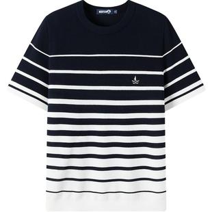 Navigare意大利小帆船夏季针织条纹T恤男短袖休闲圆领体恤海魂衫