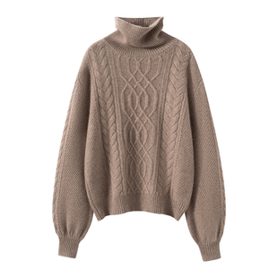 明星唐嫣同款 宽松加厚阿兰花100%纯山羊绒衫女高领毛衣针织套衫