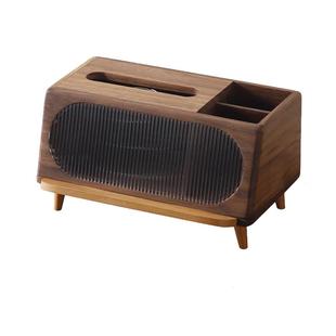 实木纸巾盒多功能手机架中古胡桃木高级感抽纸盒茶几遥控器收纳盒