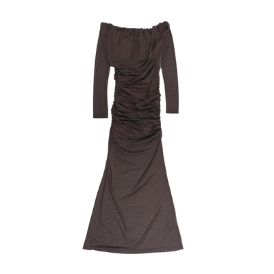 伊莉雅御姐风一字肩棕色网纱连衣