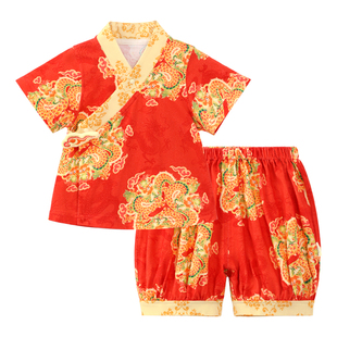 龙喜年《盘花龙》汉服套装周岁男宝礼服红色中式纯棉抓周宴衣服夏