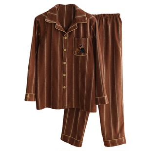 男士睡衣秋季纯棉磨毛绒布情侣女士秋冬简约高级感长袖家居服套装