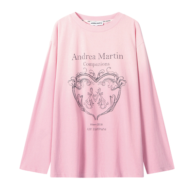 ANDREA MARTIN2026春季新款复古水洗磨破渐变印花圆领长袖宽松T恤