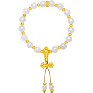 周六福金镶玉5D硬金和田白玉顺遂白玉春山手串藏金文玩新年礼物