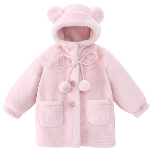 米米哈罗女童毛毛外套冬装2025新款儿童皮毛一体中长款连帽大衣