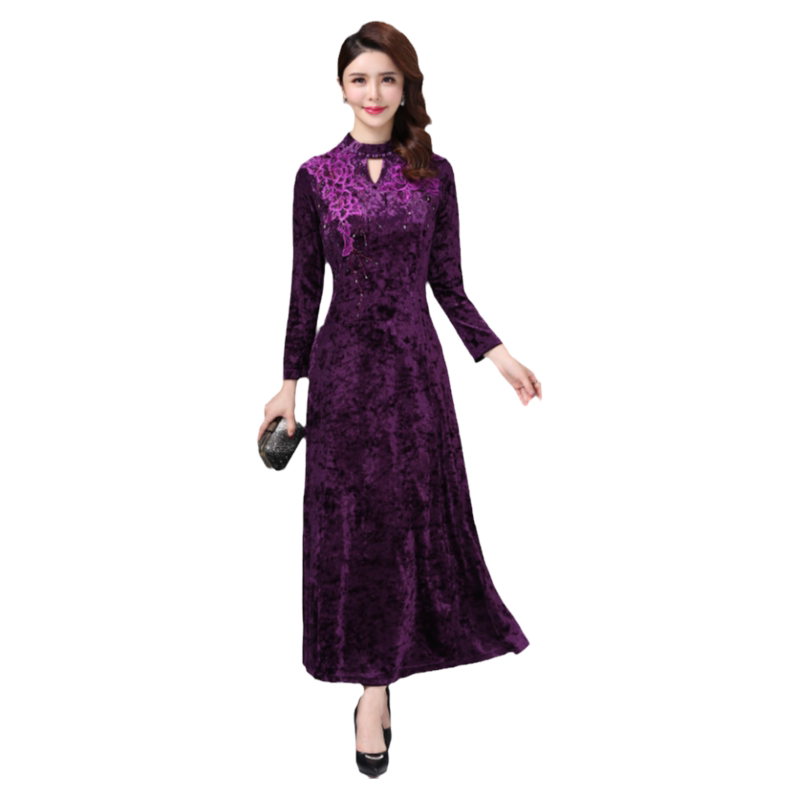 古贝莎复古立领丝绒拼接结婚宴会礼服妈妈装喜婆婆修身连衣裙