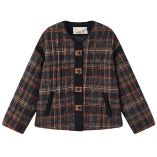 飞鸟和新酒格纹无帽短款小个子棉衣女2025冬季新款加棉保暖外套