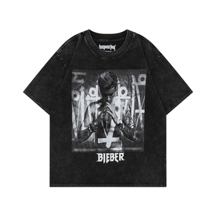 FEAR OF GOD FOG贾斯汀比伯人像欧美复古做旧VTG高街宽松短袖T恤