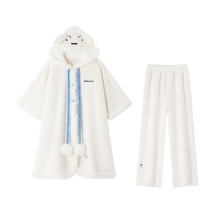 蜡笔小新斗篷睡袍冬加厚女款冬季珊瑚绒睡衣连帽厚冬天加绒可外穿