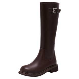 星期六显瘦骑士靴女2025新款秋季粗跟高筒不过膝增高机车靴瘦瘦靴