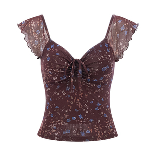 Go Girl Go自制欧美风胸前收褶碎花v领短袖T恤女修身性感短款上衣