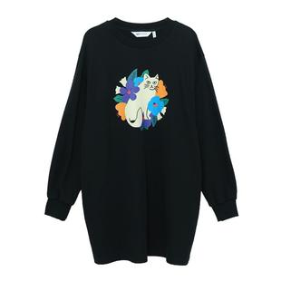 MOVEUP幻走2025春季新款落肩罗纹印花宽松新年红色中长款卫衣女