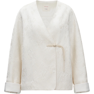 naivee纳薇秋冬新中式宽松提花国风短夹棉开衫白色棉服外套