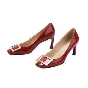 【王小毒】面纱●太女人7cmR方扣V浅口单鞋女新真皮方头细高跟鞋