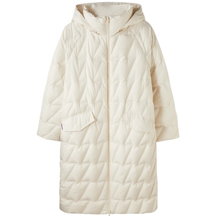 U/TI米白色长款羽绒服女百搭轻盈感连帽鸭绒外套尤缇时尚冬季新款