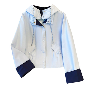 2026年超火小众不撞款蓝色连帽棒球服外套女士春秋装新款短款夹克