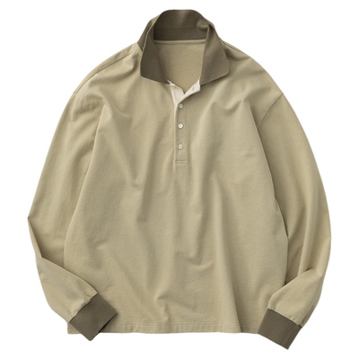 COMMON SCENTS水洗磨破炒盐250g/m²螺纹领半开襟长袖polo衫T恤