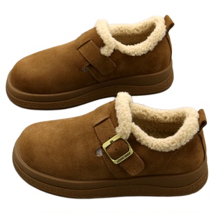 一脚蹬加绒勃肯鞋女2025冬季圆头牛皮厚底保暖休闲鞋女真皮棉鞋子