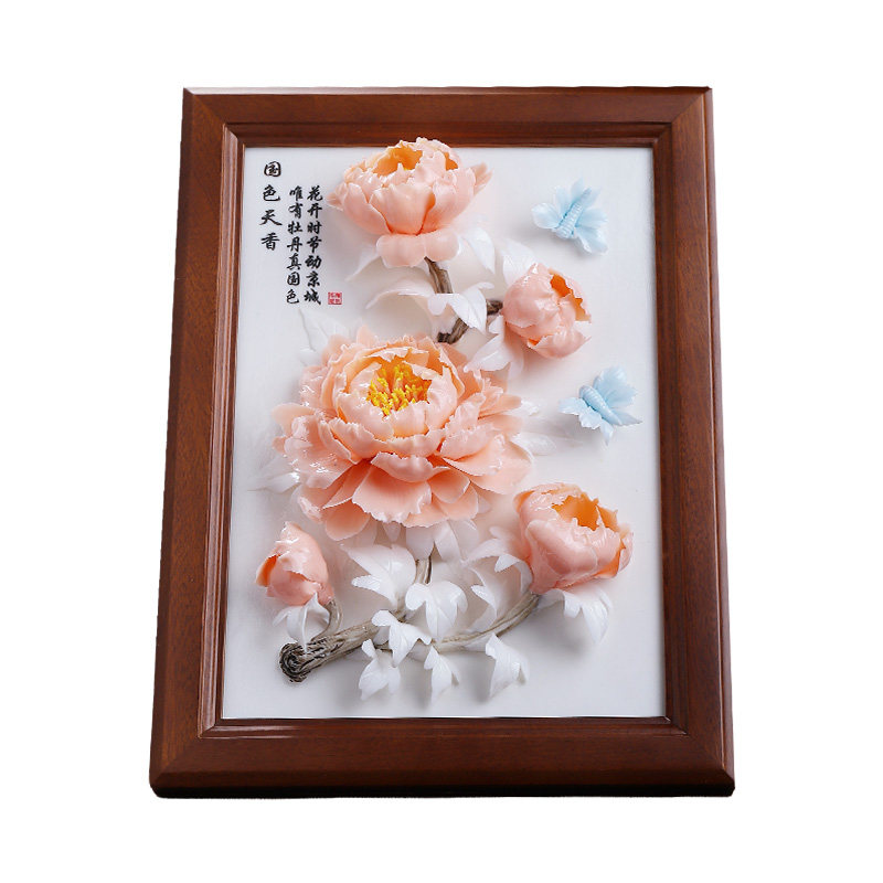 牡丹瓷画|陶瓷立体花朵相框摆件