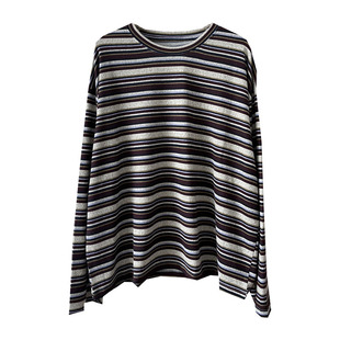秋季复古咖色条纹长袖T恤慵懒风宽松休闲舒适磨毛上衣打底衫女