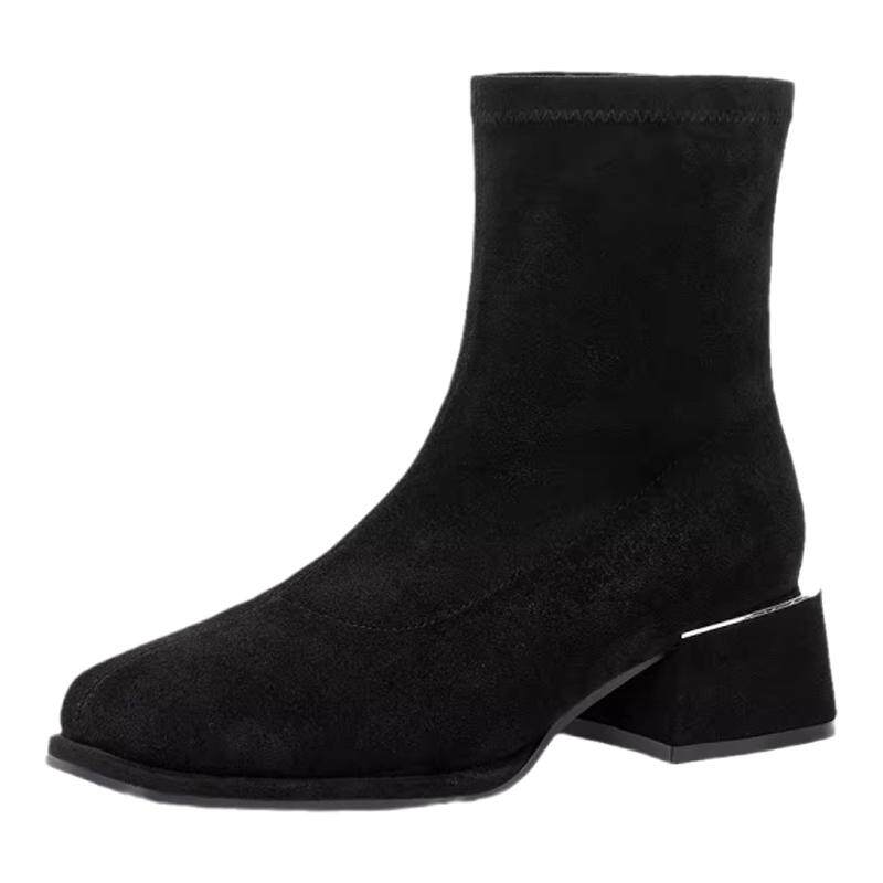 星期六瘦瘦靴女短靴2024秋冬新款粗跟绒面时装靴SSC4116CS3