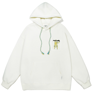 GUUKA潮牌奶油白加绒加厚卫衣男秋冬 情侣猫咪发泡印花连帽衫宽松