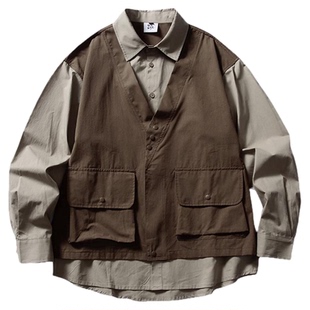 万有引力博物馆 拼接撞色假两件衬衫外套女春秋款宽松长袖上衣