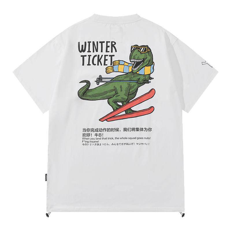 WINTERTICKET 2025自由式单双板宽大嘻哈男女T恤圆领恐龙印花短袖